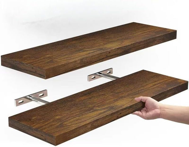 🌿 Rustic Charm Floating Shelves – Solid Pine Wood, Hidden Brackets, Heavy-Duty Display for Any Room (Set of 2)