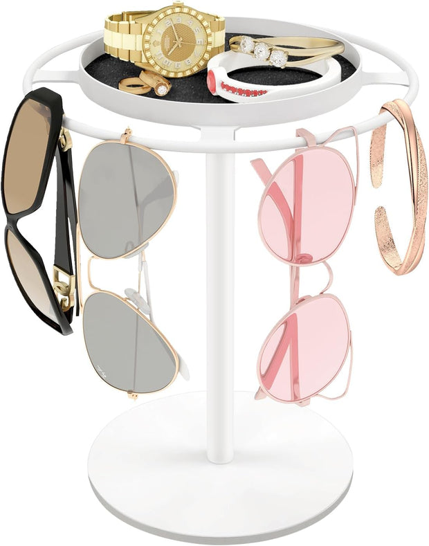 Modern Sunglasses Display Stand with Velvet Jewelry Tray – Metal, Elegant, Space-Saving