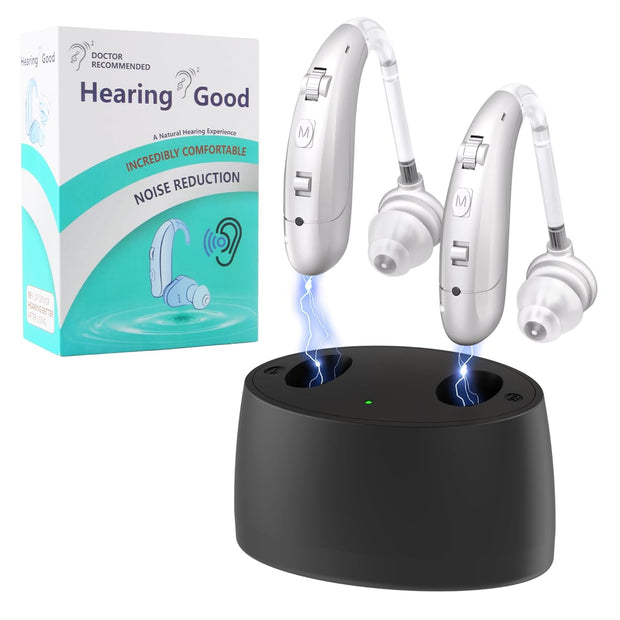 Rechargeable Hearing Aids for Seniors – Noise Cancelling, Volume Control, Behind-the-Ear Design