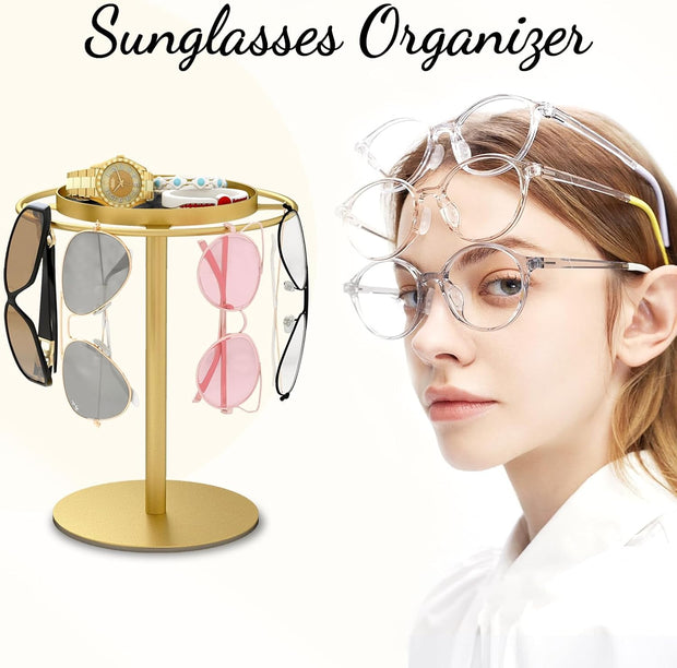 Modern Sunglasses Display Stand with Velvet Jewelry Tray – Metal, Elegant, Space-Saving
