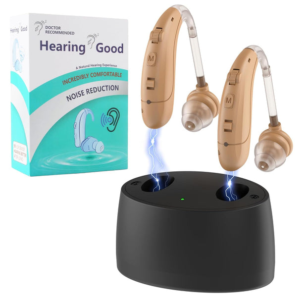Rechargeable Hearing Aids for Seniors – Noise Cancelling, Volume Control, Behind-the-Ear Design