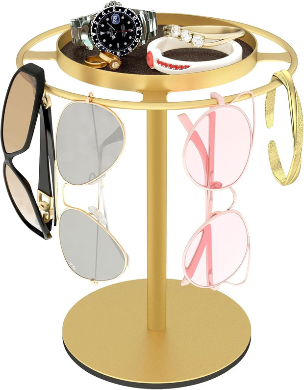 Modern Sunglasses Display Stand with Velvet Jewelry Tray – Metal, Elegant, Space-Saving