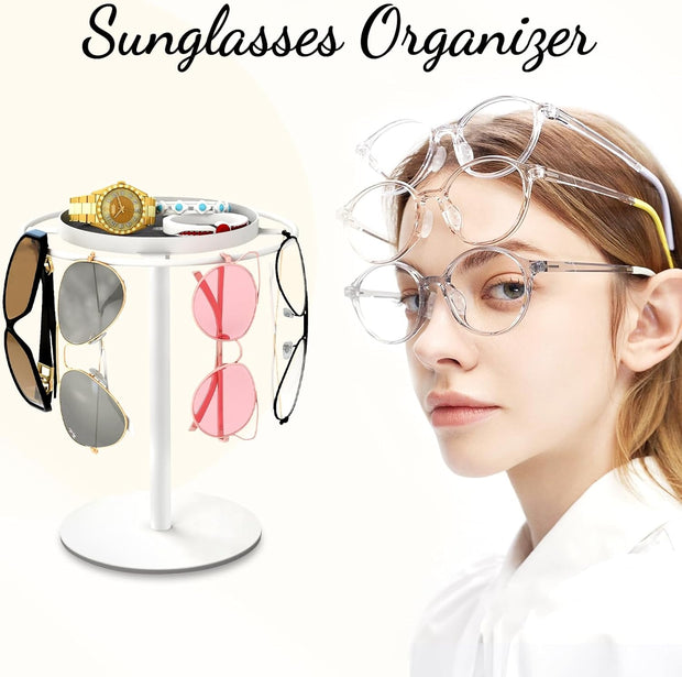 Modern Sunglasses Display Stand with Velvet Jewelry Tray – Metal, Elegant, Space-Saving