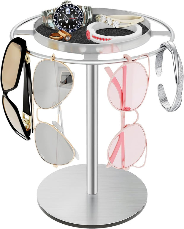 Modern Sunglasses Display Stand with Velvet Jewelry Tray – Metal, Elegant, Space-Saving