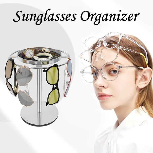 Modern Sunglasses Display Stand with Velvet Jewelry Tray – Metal, Elegant, Space-Saving