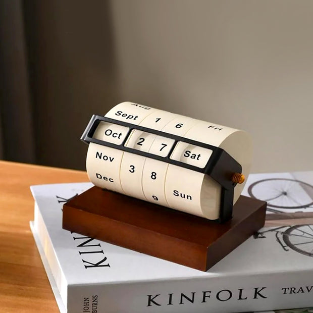 Vintage Charm on Your Desk – Rotating Wooden Perpetual Calendar Wheel